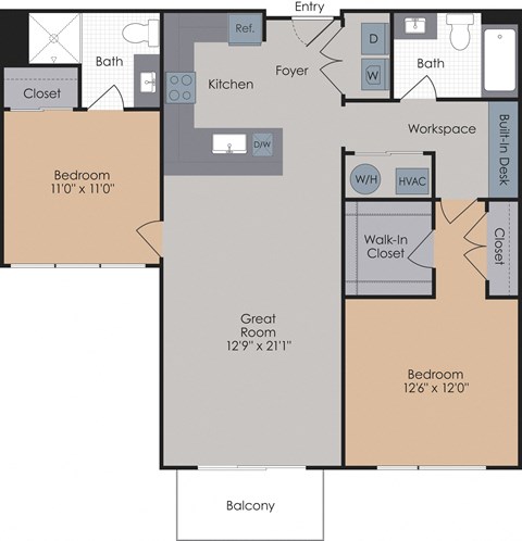 Floor plan for 2 beds, 2 baths, 1144 sqft